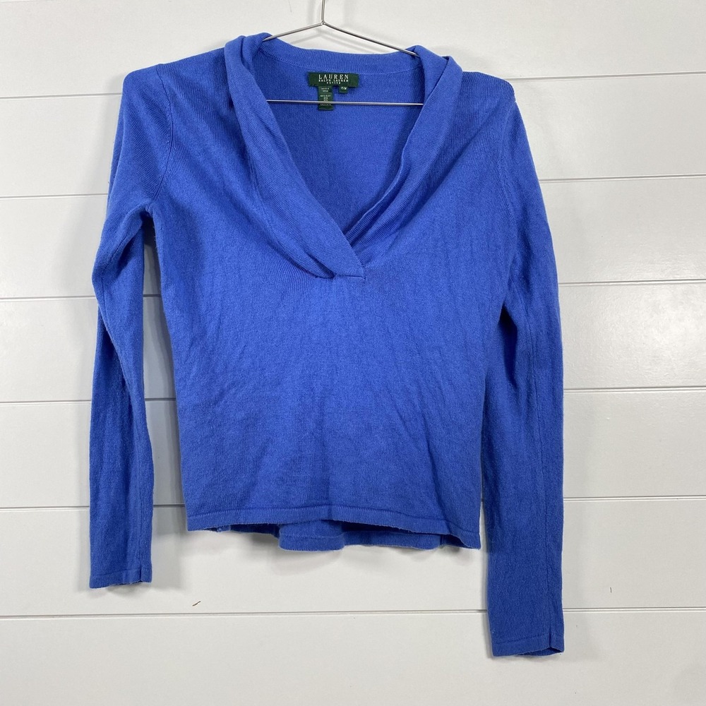 Lauren Ralph Lauren Sweater Womens Petite Medium Blue Silk Cashmere Deep V
